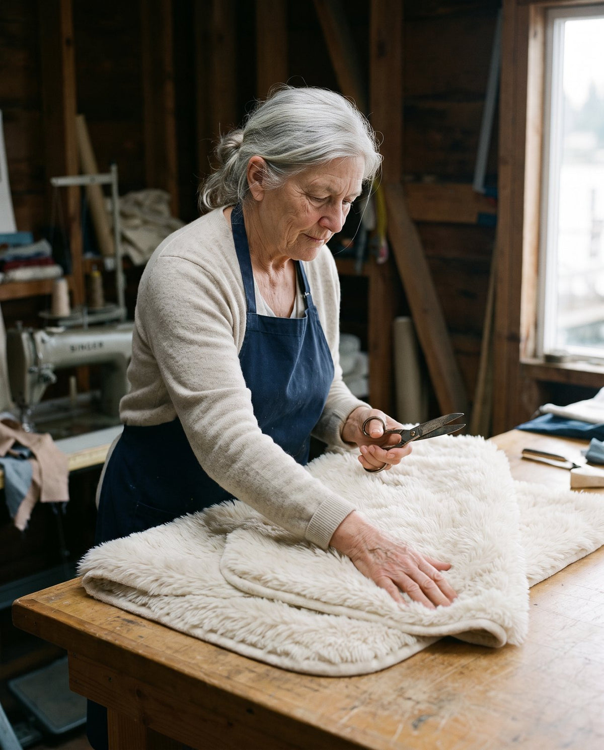 Edie Thorsen at her worktable in Duluth.