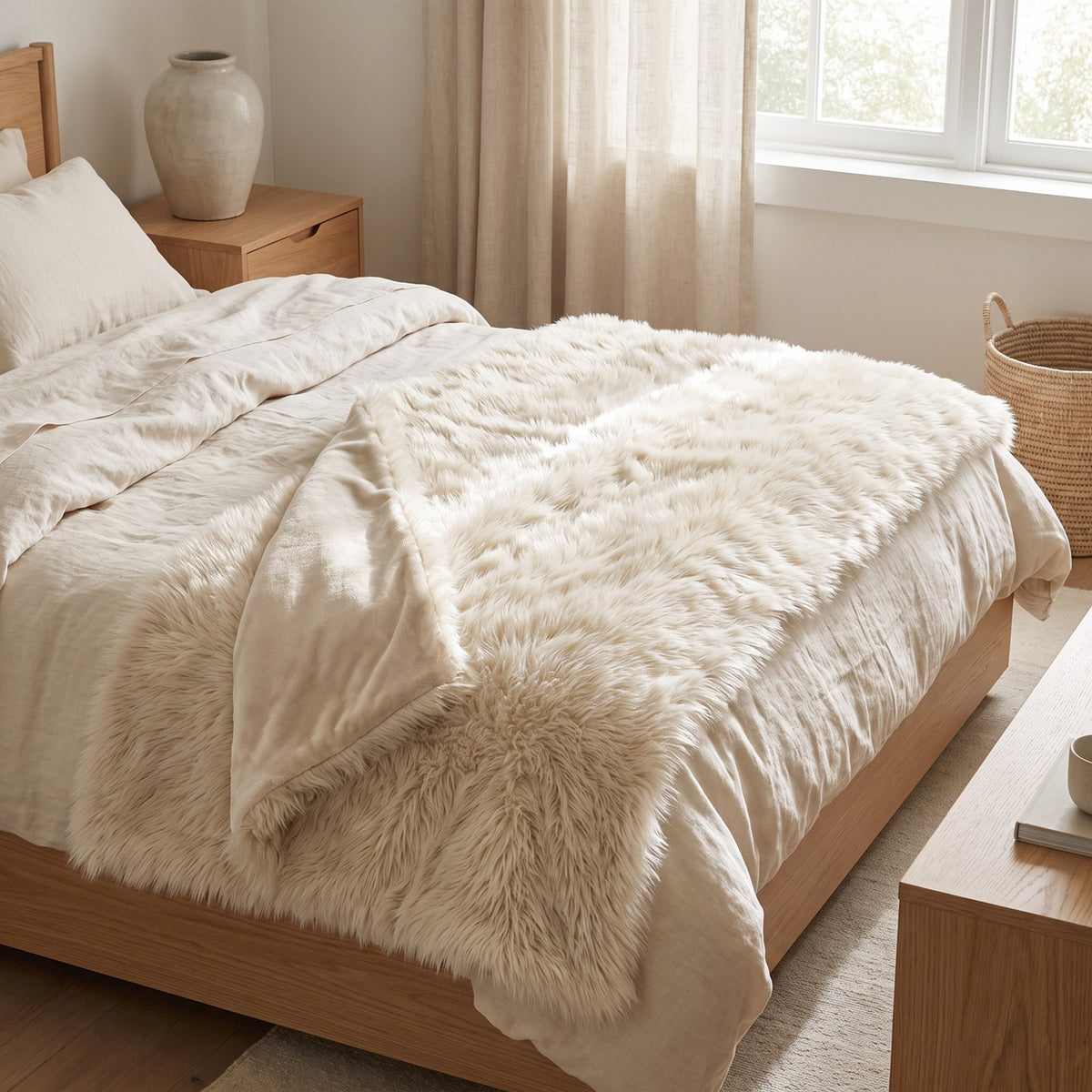 Edie's throw draped over a couch, Cream color.