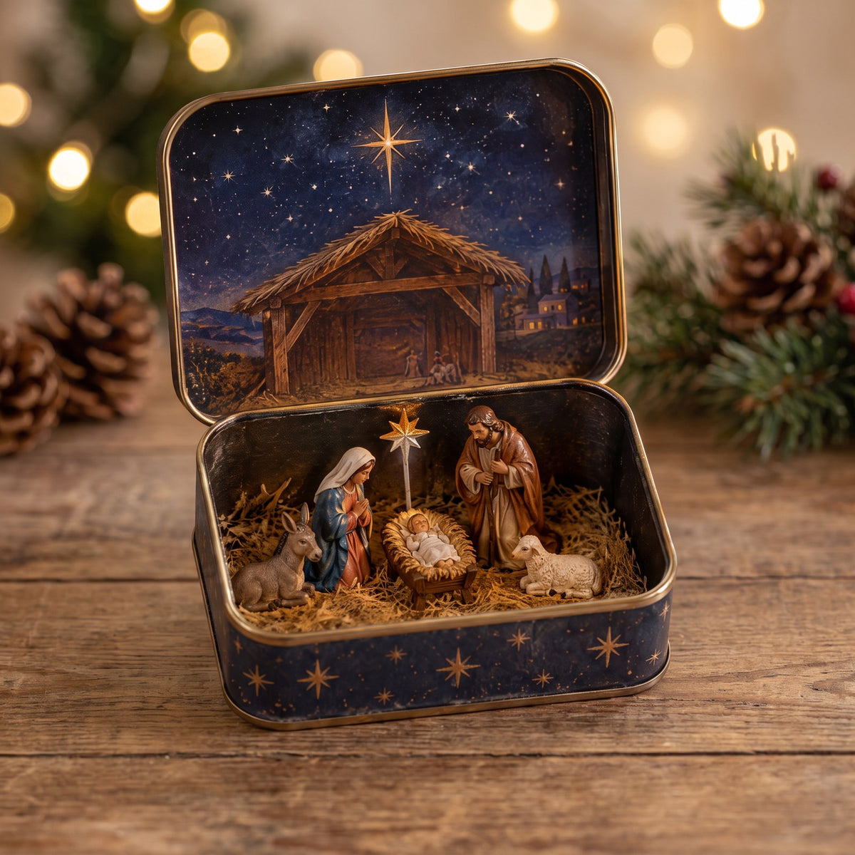The nativity scene inside Rel's tin, figures arranged in the stable.