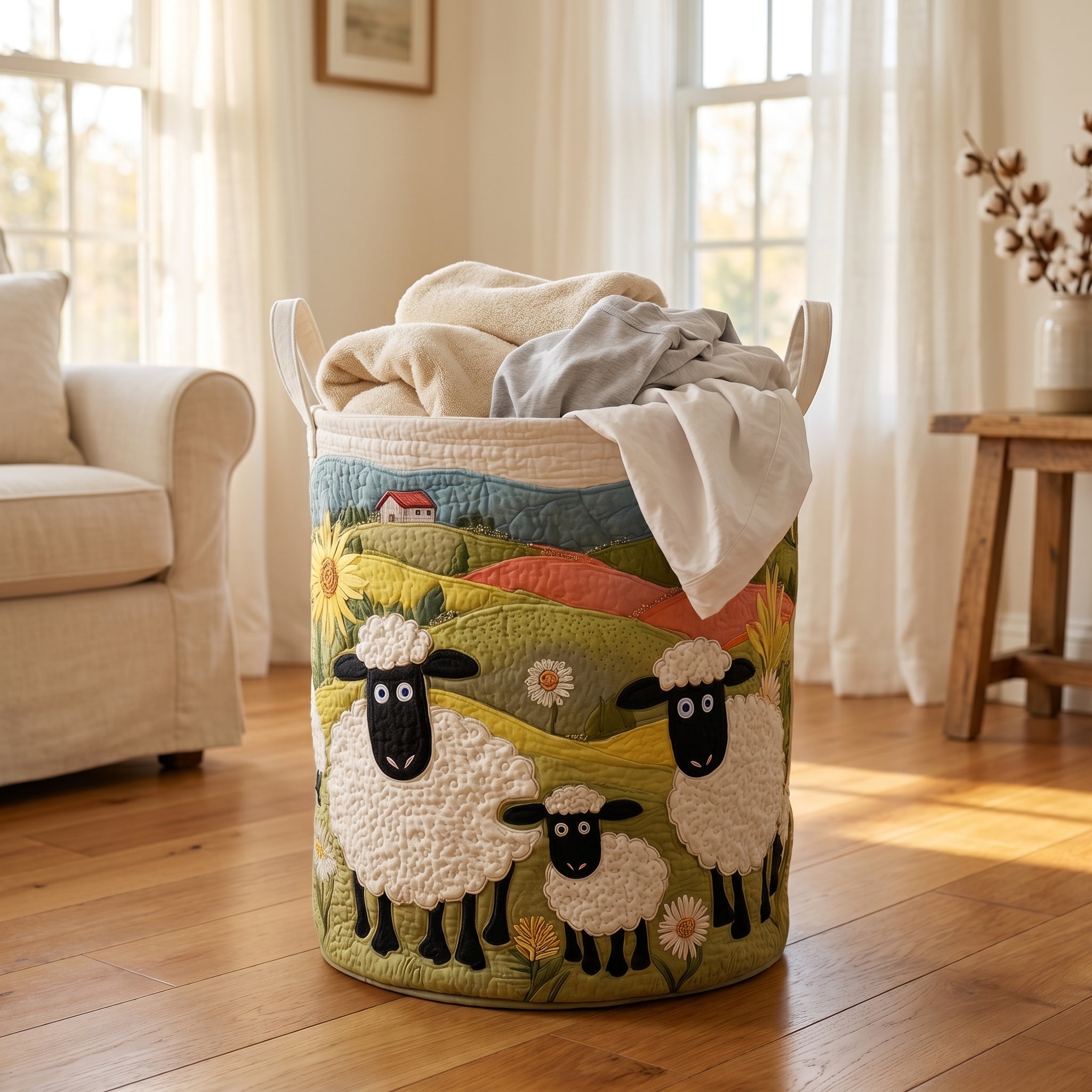 Martha's Handquilted Sheep Laundry Basket