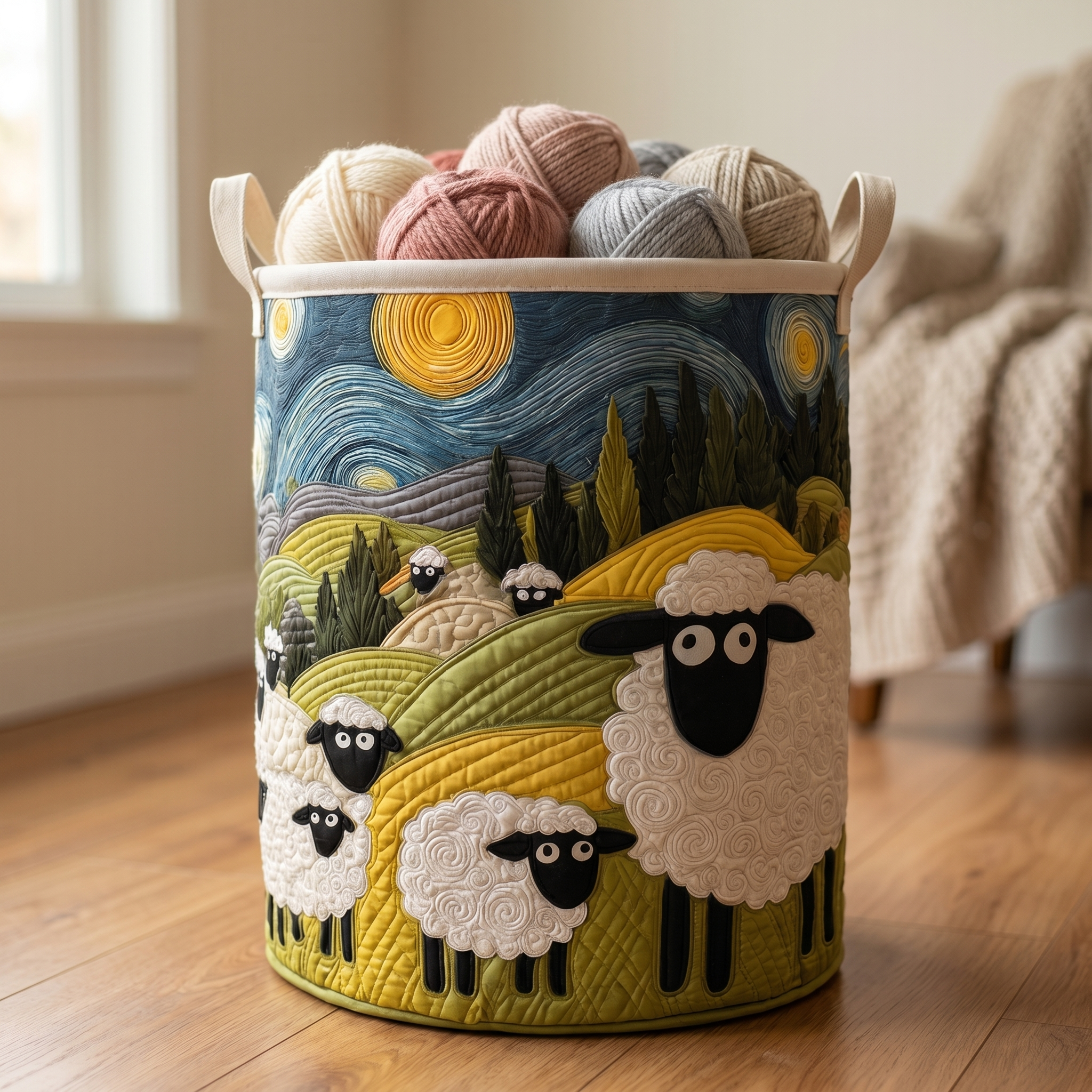 Martha's Handquilted Sheep Laundry Basket