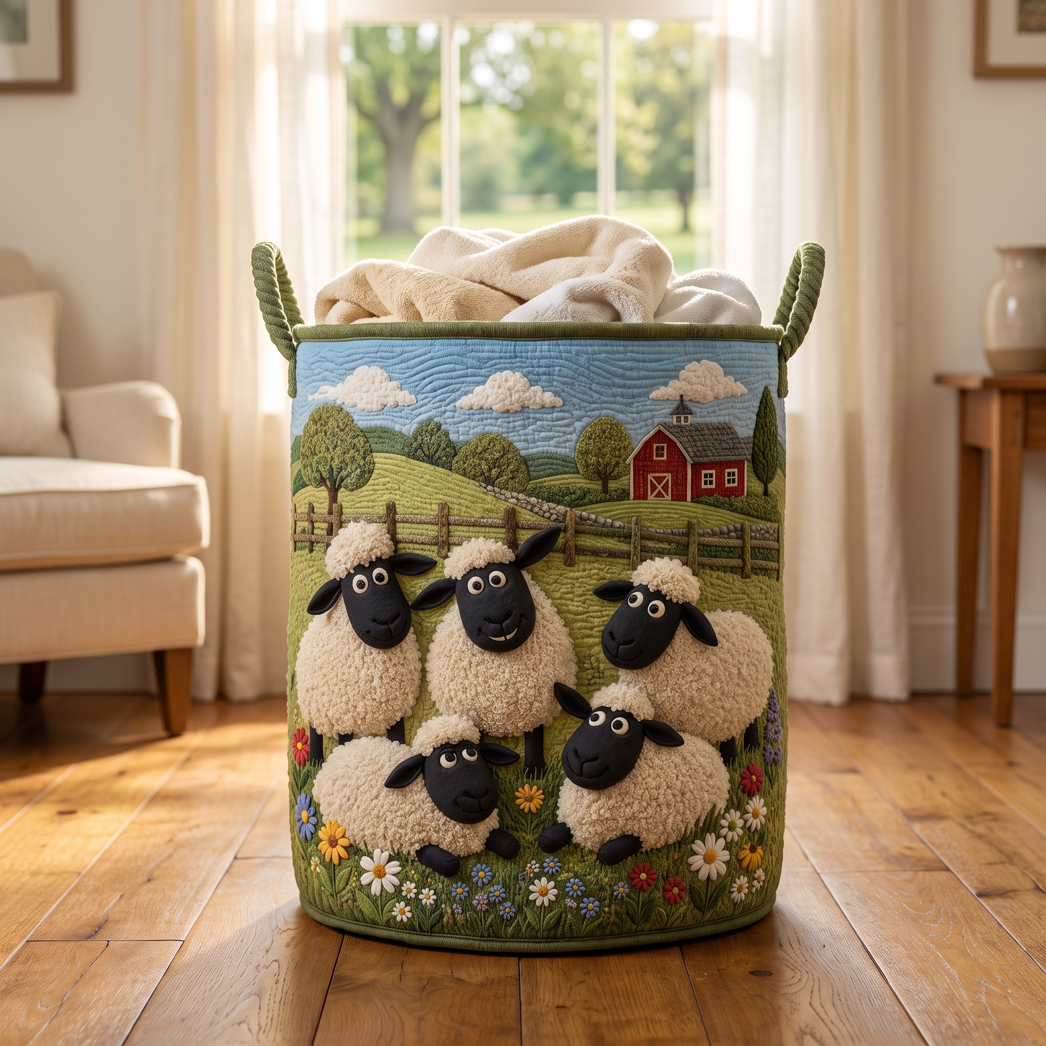 Martha's Handquilted Sheep Laundry Basket