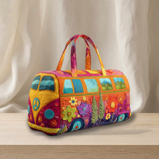 Handquilted Hippie Bus Weekender Bag, Flower Power Caravan