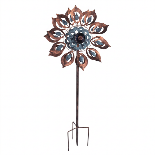 Antique Blue and Copper Lily Flower Solar Wind Spinner