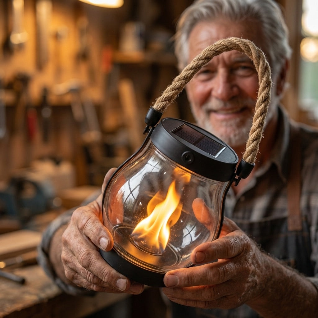 Arthur's handcrafted solar flame lamp
