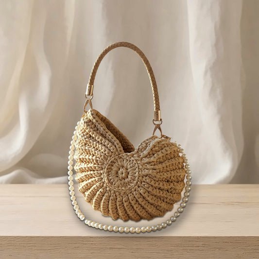 Hand-Woven Shell Handbag with Cross-Body Strap, Natural Tan