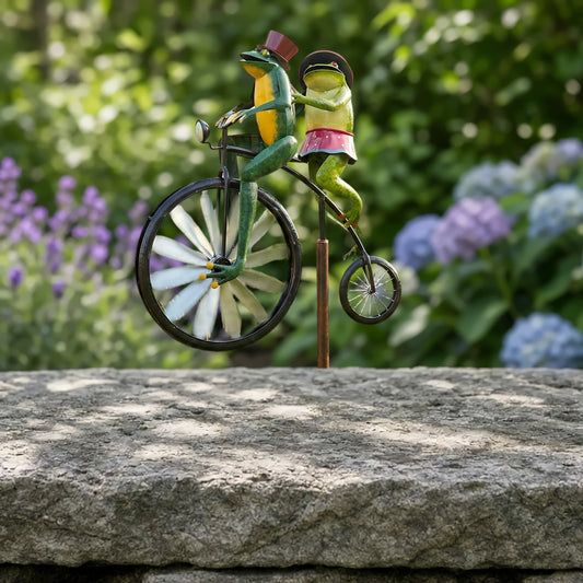 Tin Whirligig Garden Wind Spinner with Sealed Bearings, Frogs on a Penny-Farthing