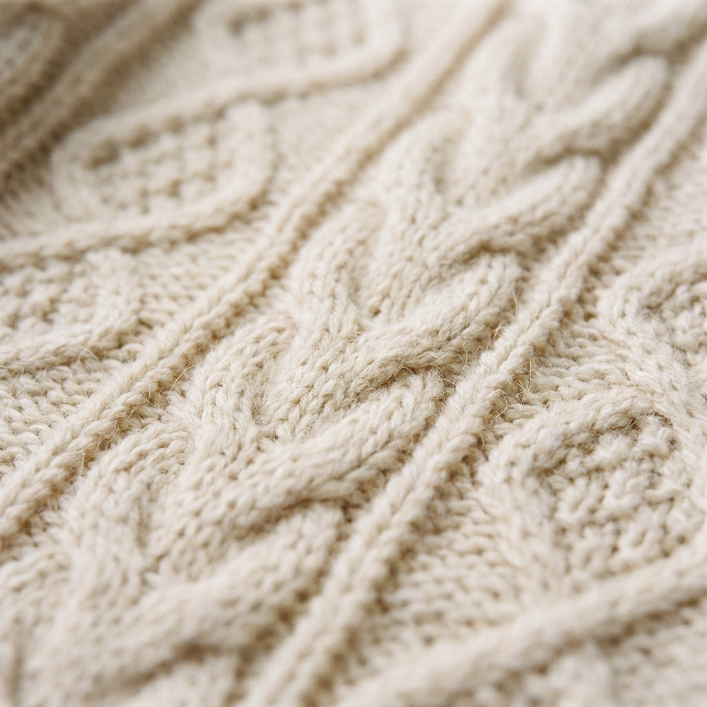 Close-up of the cable knit pattern on Iris's duster cardigan.