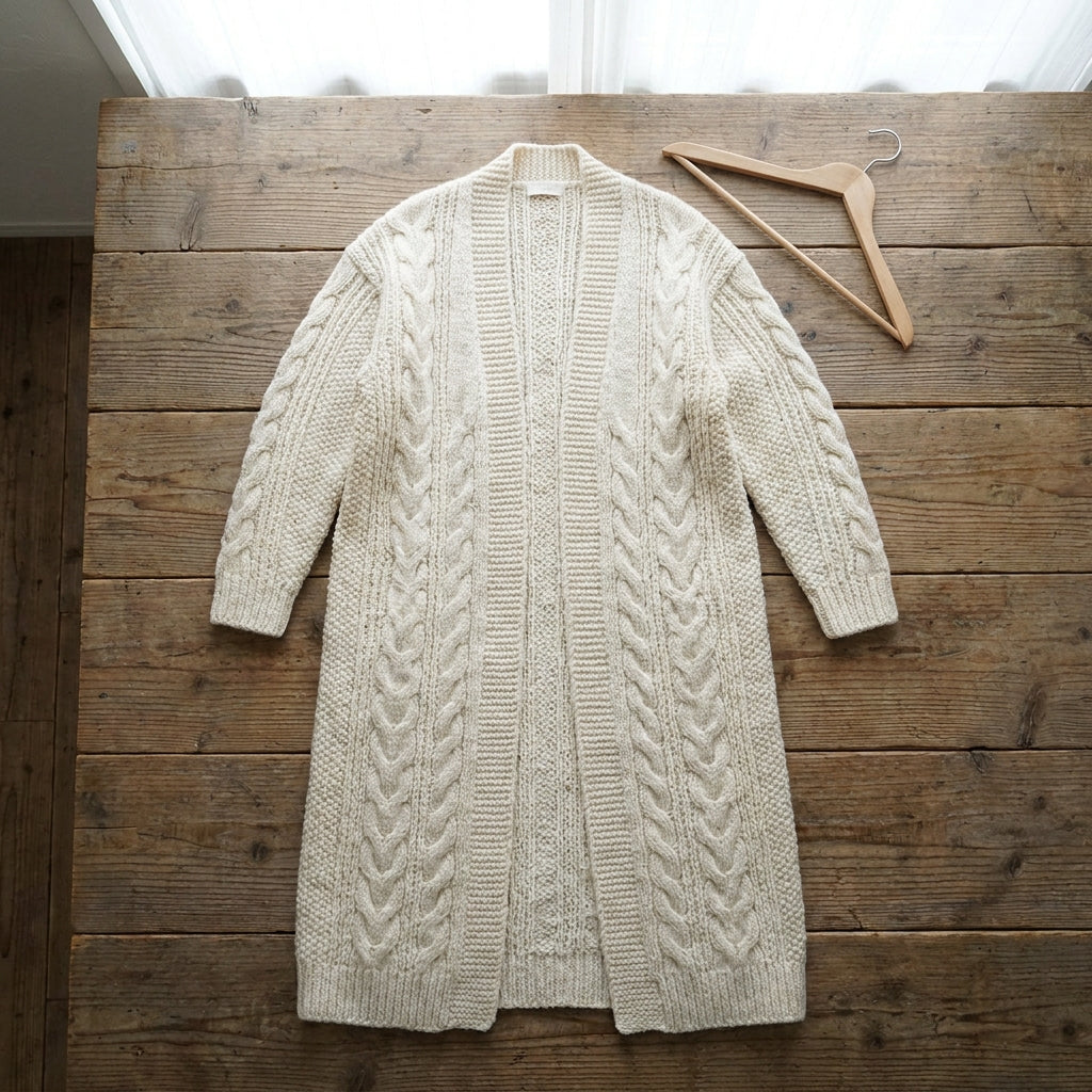 Iris's duster cardigan draped open, full length.