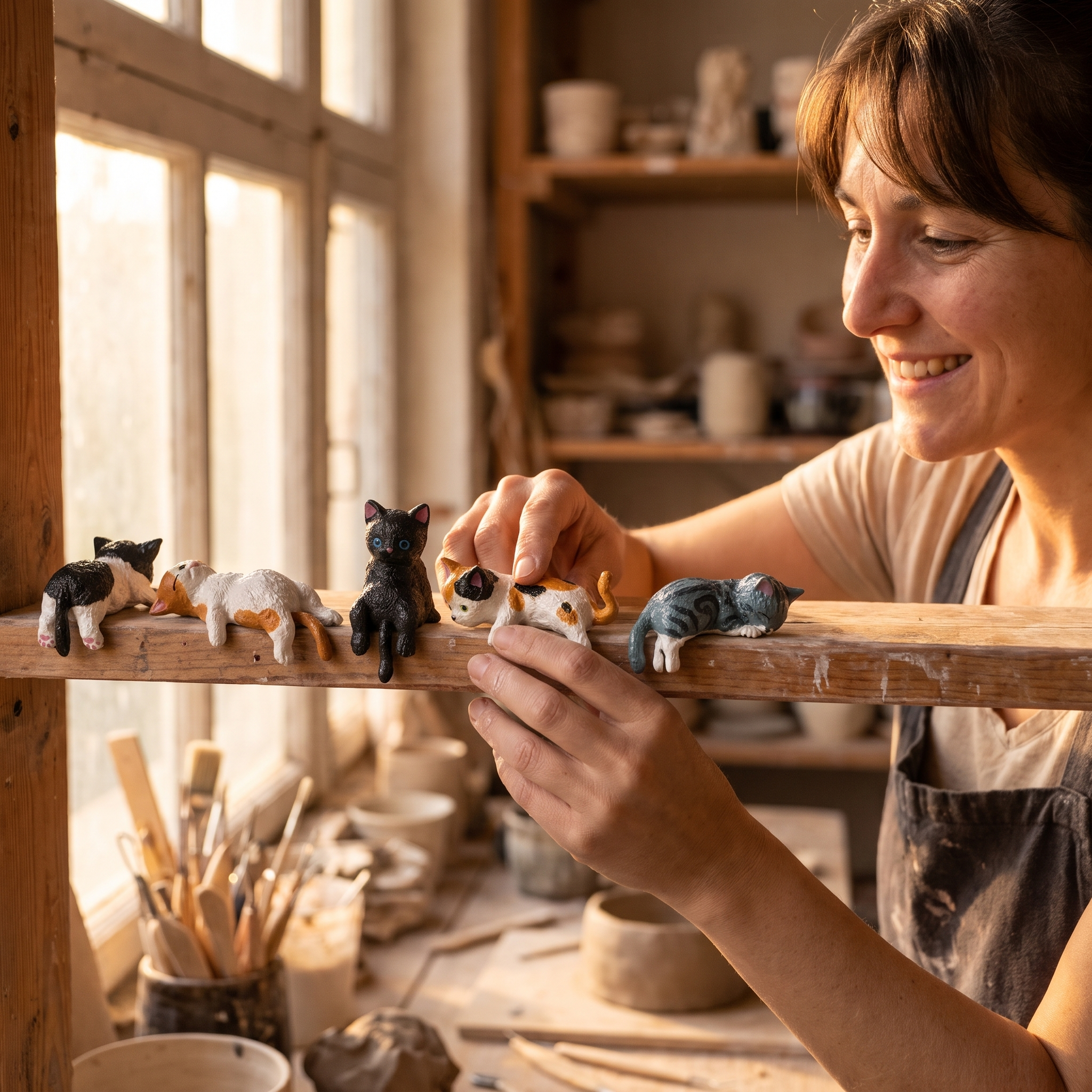 Fern Daley at her studio table painting a cat figurine.