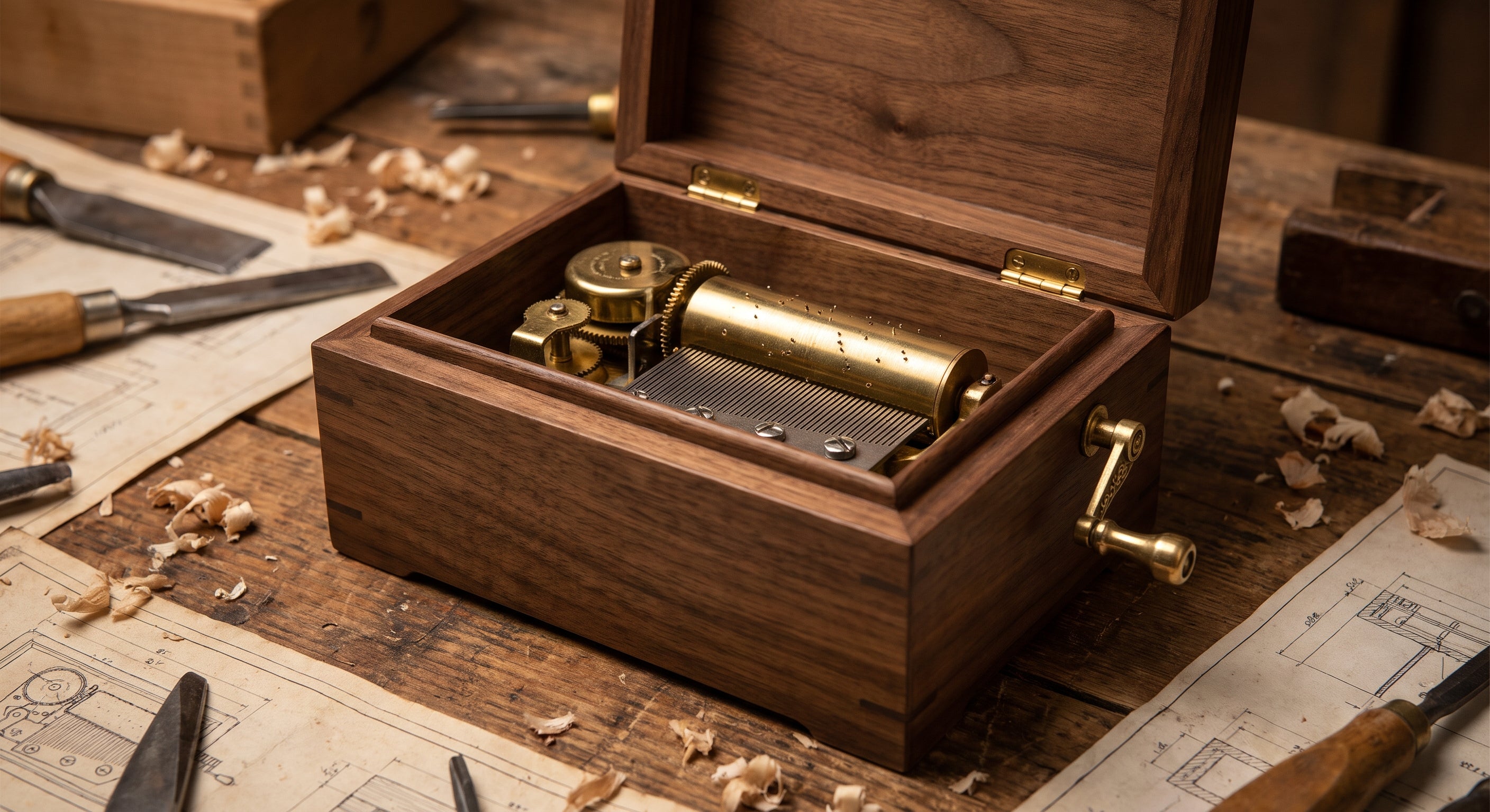 Vermont cherry body and Swiss movement inside Mae's music box.