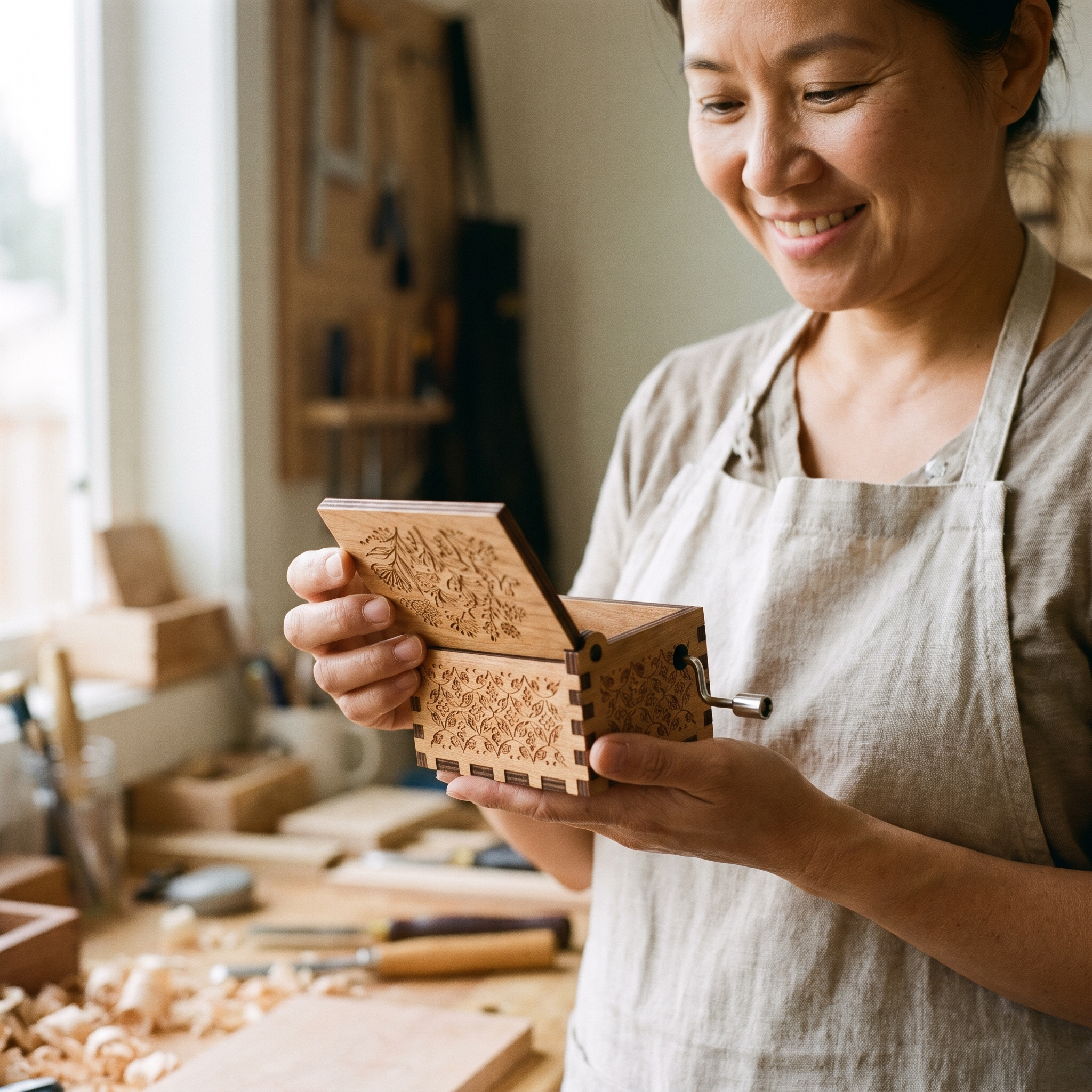 Mae Holloway at her workbench in Stowe, Vermont.
