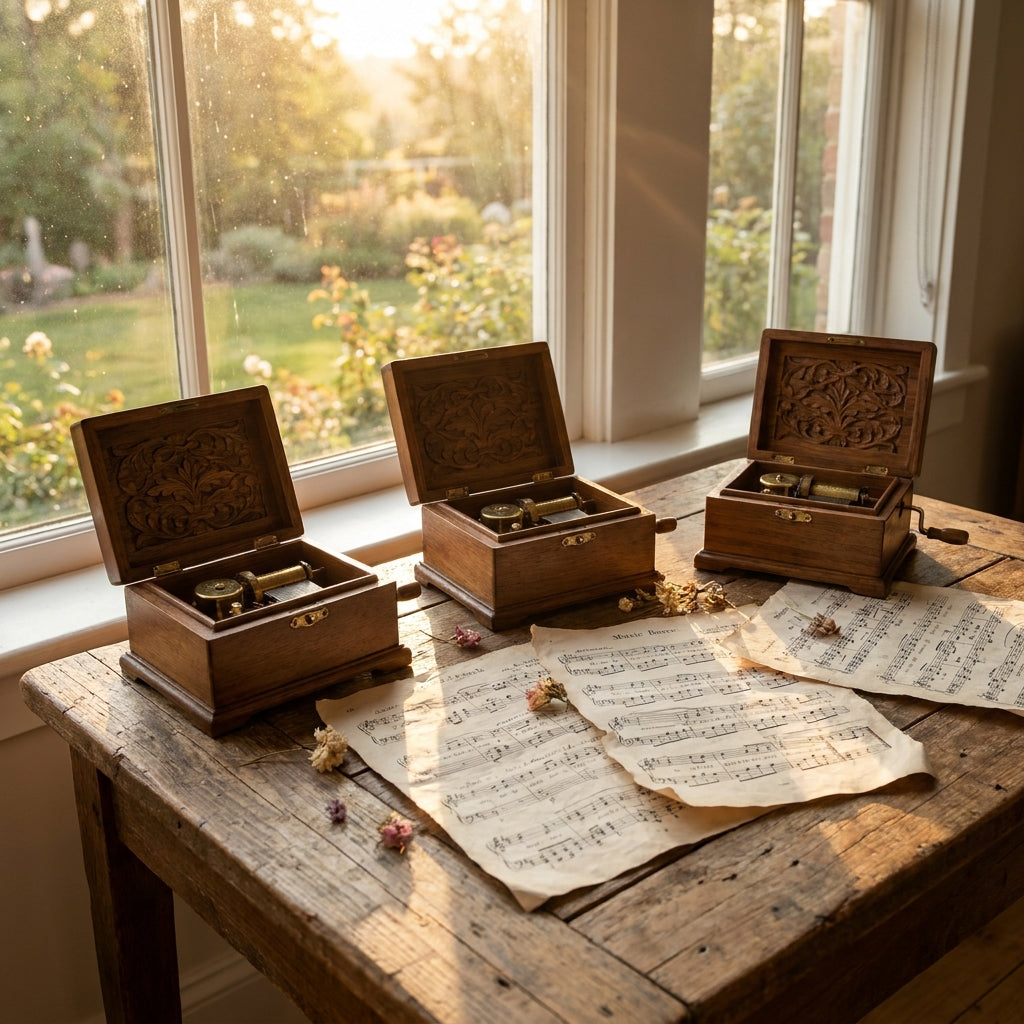 Three of Mae's music boxes open on a wooden table.