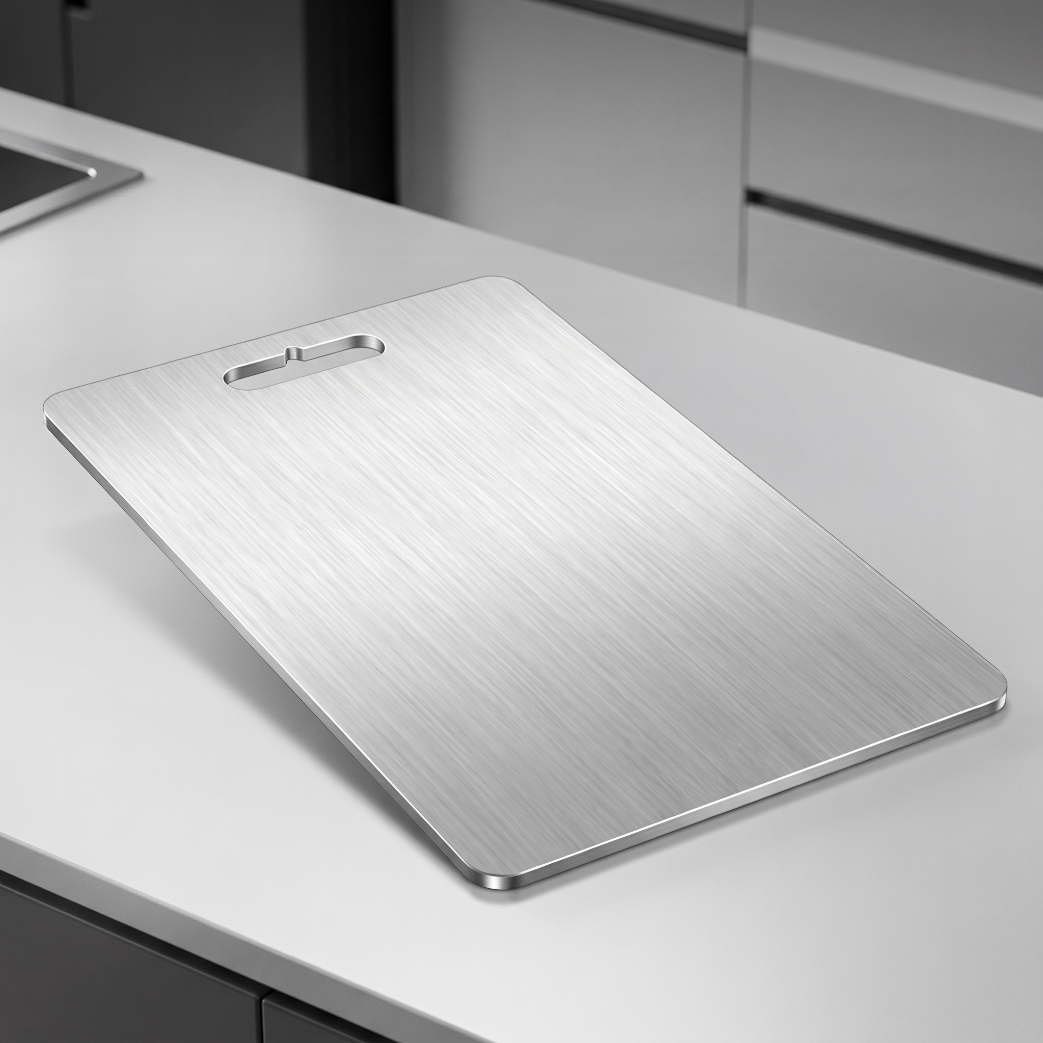 Close-up of the edge finish and surface of Kaito's titanium cutting board.