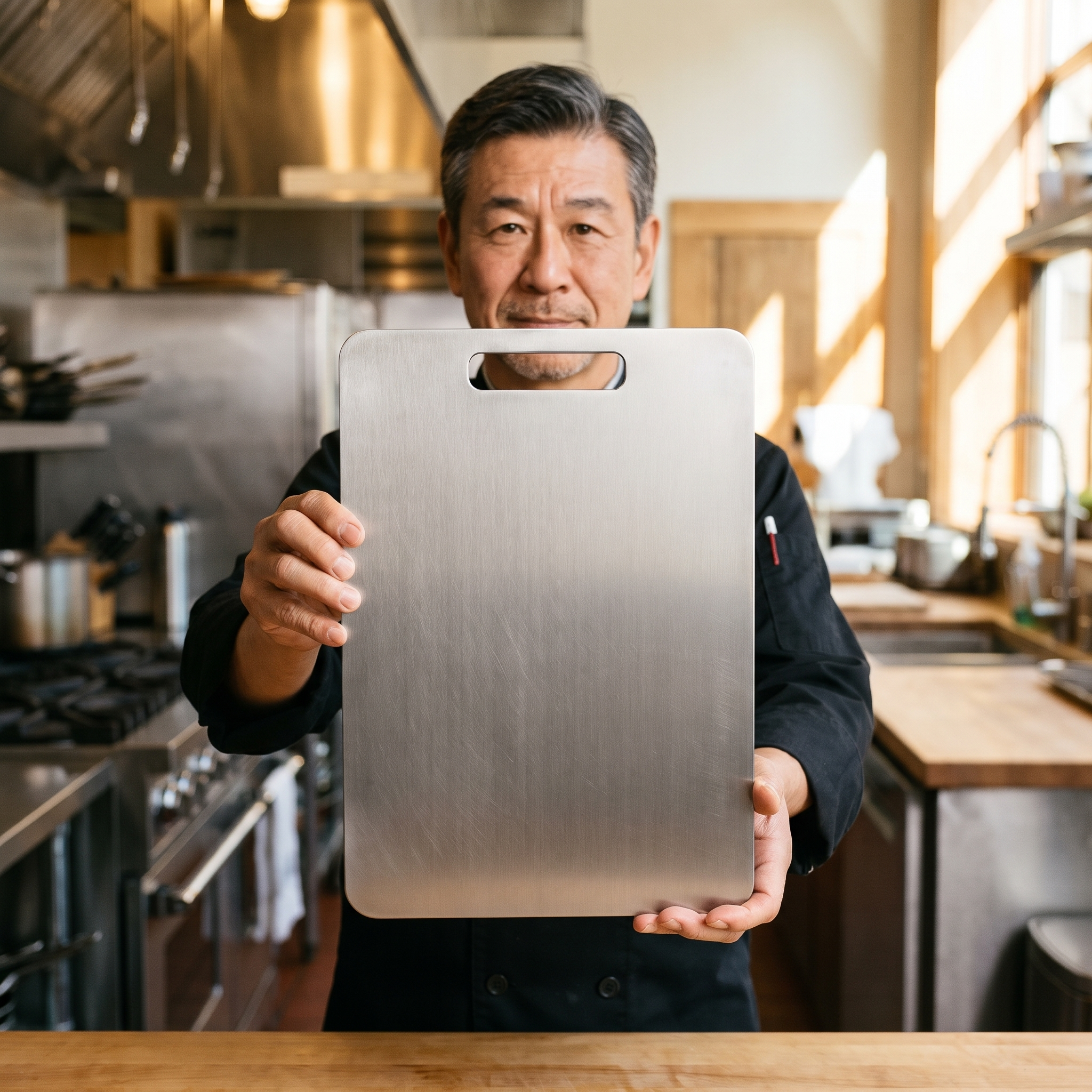 Kaito Mason at his workshop bench with a titanium cutting board.